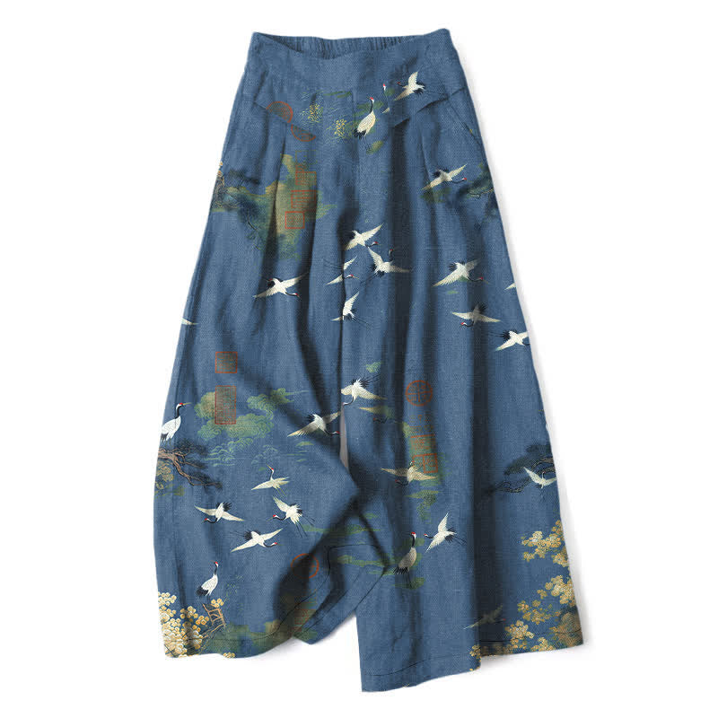 Buddha Stones Cotton Linen White Crane Floral Pattern Women's Elastic Waist Wide Leg Pants With Pockets - SteelBlue - US16，UK/AU20，EU48 (3XL) - image 6