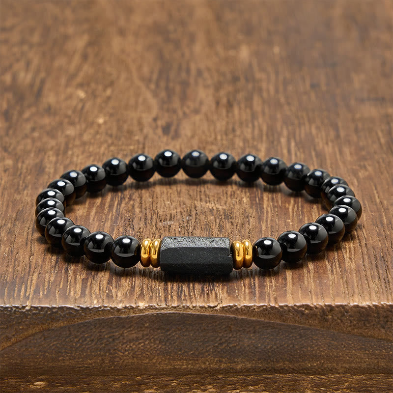 Buddha Stones Black Obsidian Black Tourmaline Protection Minimalist Round Bead Bracelet - Black Obsidian&Black Tourmaline (Raw elongated form · size varies) - 6mm (Wrist Circumference: 14-15cm) - image 0
