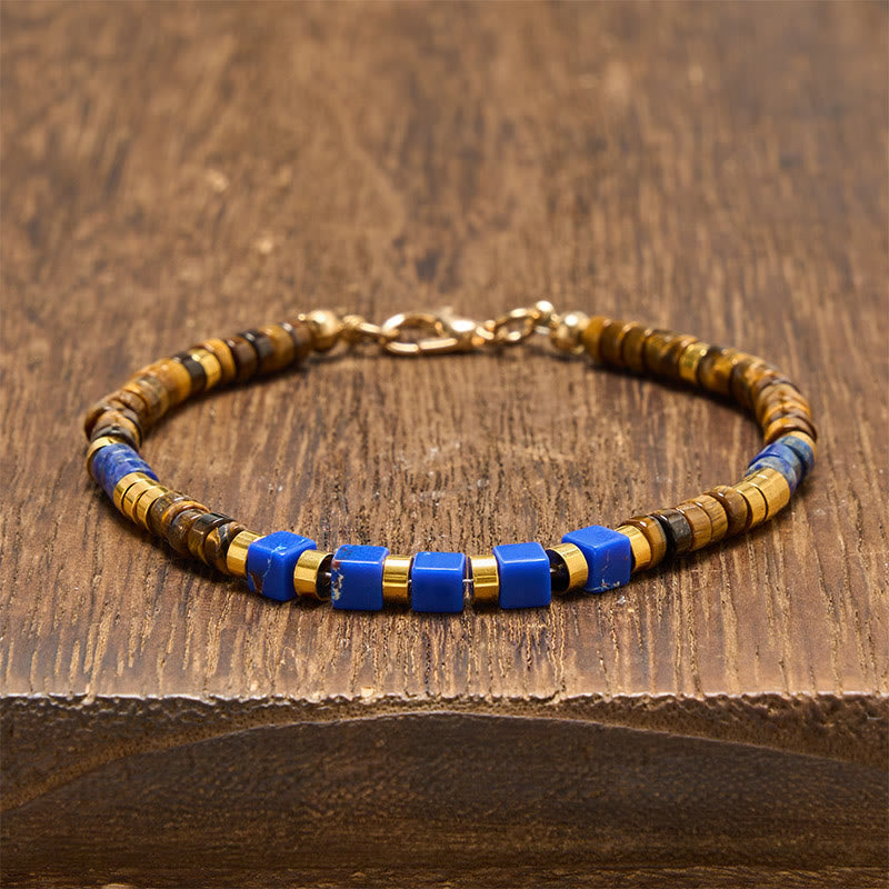Buddha Stones Lapis Lazuli Tiger Eye Square Beaded Wisdom Bracelet - Lapis Lazuli&Tiger Eye(Wrist Circumference: 18-20cm) - image 0