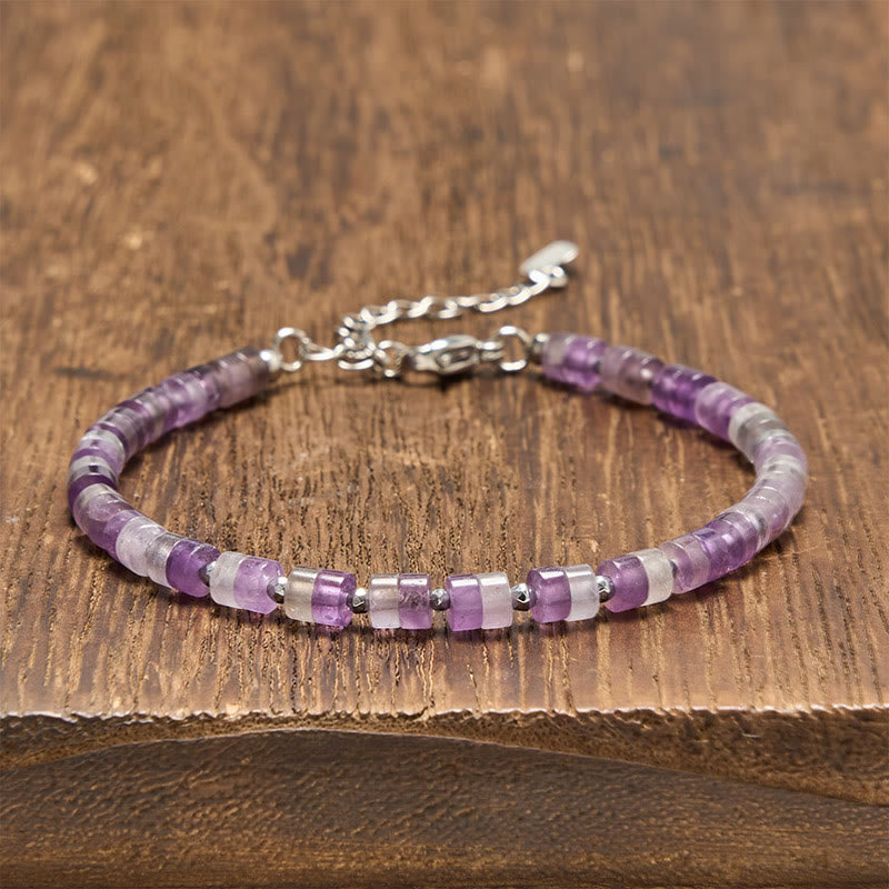 Buddha Stones Amethyst Tiger's Eye Rose Quartz Blue Spot Jasper Black Obsidian Calm Flat Bead Bracelet - Amethyst (Wrist Circumference: 16-18cm) - image 0