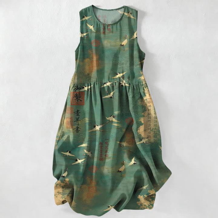 Buddha Stones Summer Casual Oriental Flying Crane Calligraphy Pattern Women's Summer Sleeveless Midi Dress With Pockets - SeaGreen - US16，UK/AU20，EU48 (3XL) - image 0