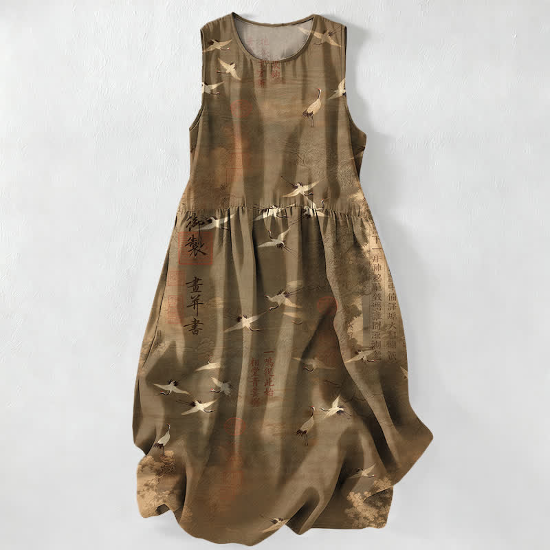 Buddha Stones Summer Casual Oriental Flying Crane Calligraphy Pattern Women's Summer Sleeveless Midi Dress With Pockets - DarkGoldenrod - US16，UK/AU20，EU48 (3XL) - image 4
