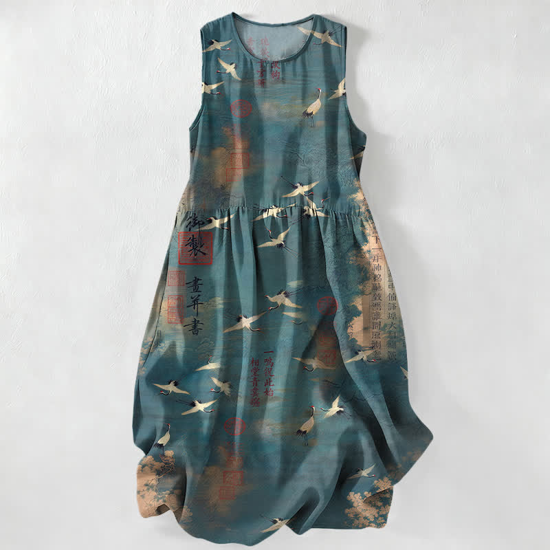 Buddha Stones Summer Casual Oriental Flying Crane Calligraphy Pattern Women's Summer Sleeveless Midi Dress With Pockets - CadetBlue - US16，UK/AU20，EU48 (3XL) - image 5