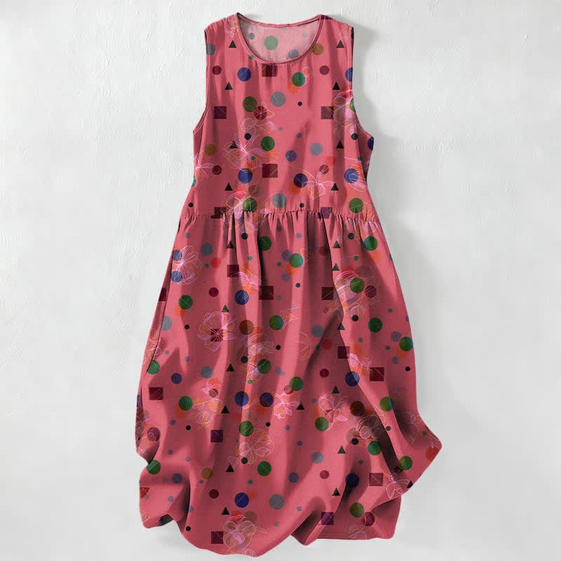 Buddha Stones Summer Casual Playful Geometric Dots Pattern Women's Summer Sleeveless Midi Dress With Pockets - LightCoral - US16，UK/AU20，EU48 (3XL) - image 0