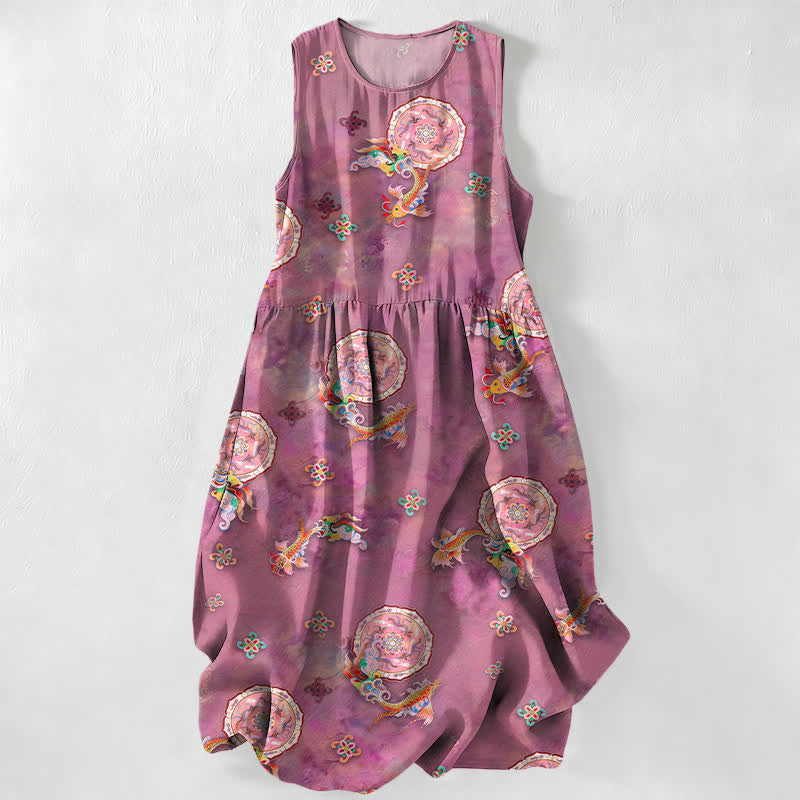 Buddha Stones Summer Casual Vintage Floral Medallions Leaves Pattern Women's Summer Sleeveless Midi Dress With Pockets - PaleVioletRed - US16，UK/AU20，EU48 (3XL) - image 5