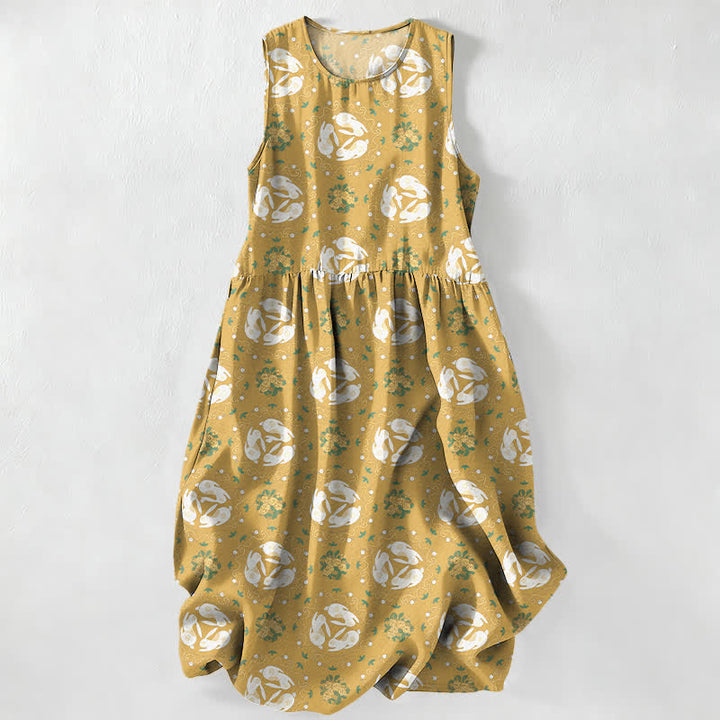 Buddha Stones Summer Casual Vintage Floral Medallions Leaves Pattern Women's Summer Sleeveless Midi Dress With Pockets - Goldenrod - US16，UK/AU20，EU48 (3XL) - image 4