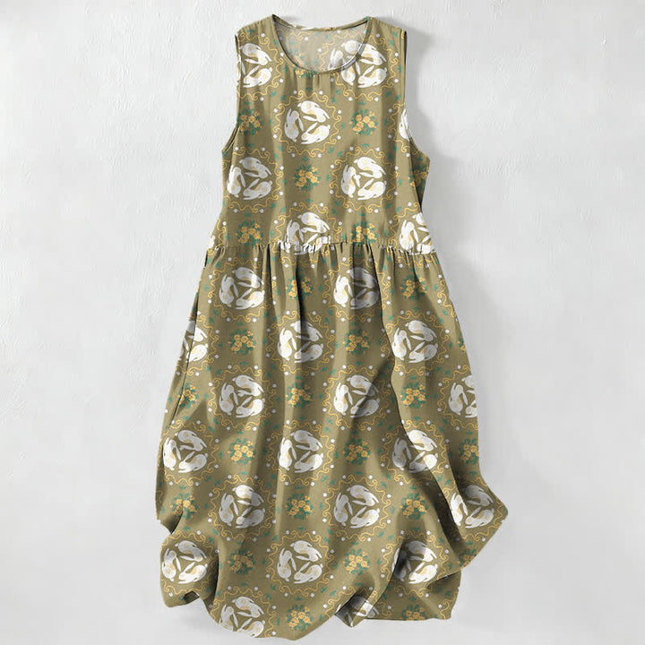 Buddha Stones Summer Casual Vintage Floral Medallions Leaves Pattern Women's Summer Sleeveless Midi Dress With Pockets - OliveDrab - US16，UK/AU20，EU48 (3XL) - image 5