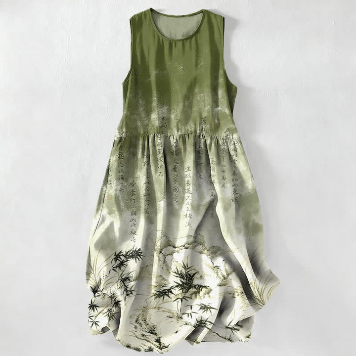 Buddha Stones Summer Casual Ink Bamboo Landscape Pattern Women's Summer Sleeveless Midi Dress With Pockets - OliveDrab - US16，UK/AU20，EU48 (3XL) - image 0