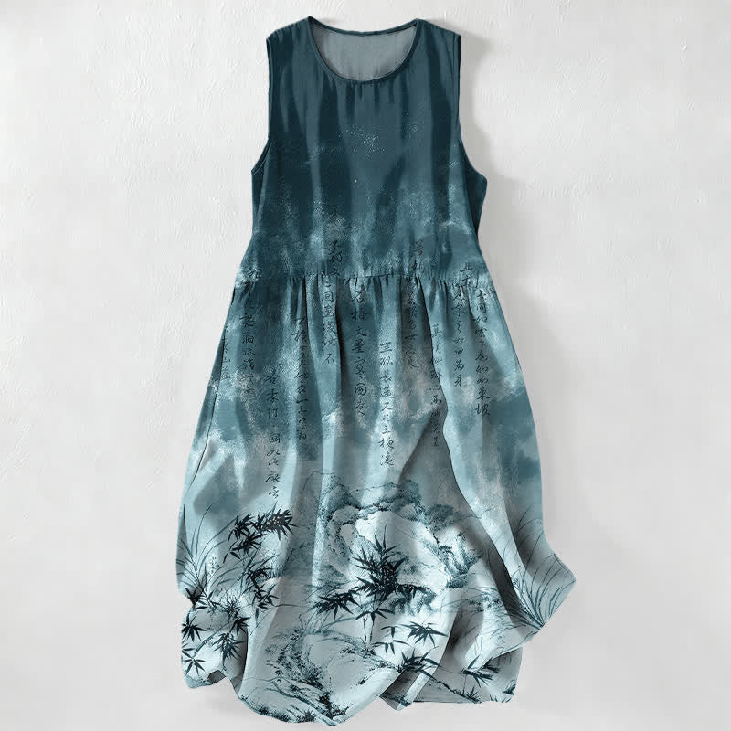 Buddha Stones Summer Casual Ink Bamboo Landscape Pattern Women's Summer Sleeveless Midi Dress With Pockets - Teal - US16，UK/AU20，EU48 (3XL) - image 5