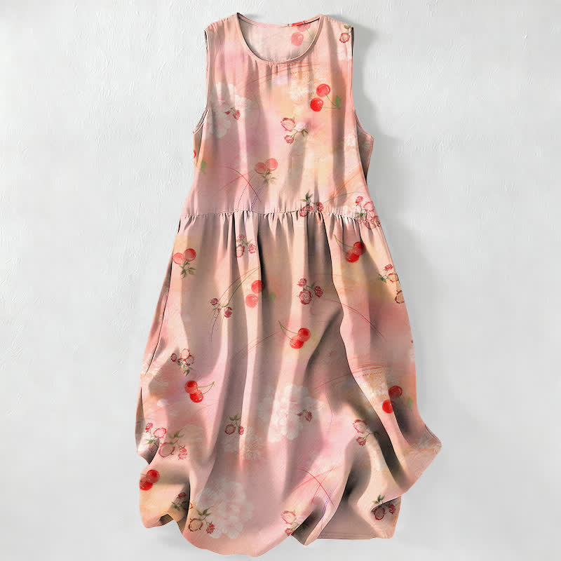 Buddha Stones Summer Casual Sweet Cherry Floral Pattern Women's Summer Sleeveless Midi Dress With Pockets - PeachPuff - US16，UK/AU20，EU48 (3XL) - image 0