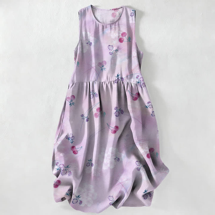 Buddha Stones Summer Casual Sweet Cherry Floral Pattern Women's Summer Sleeveless Midi Dress With Pockets - Thistle - US16，UK/AU20，EU48 (3XL) - image 4