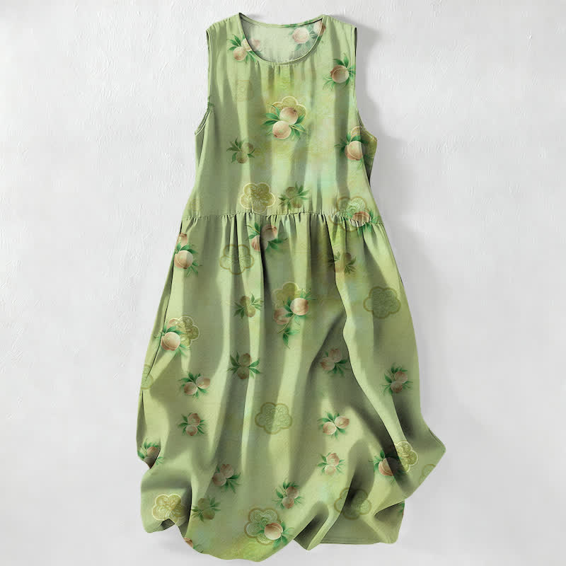 Buddha Stones Summer Casual Pink Floral Leaves Pattern Women's Summer Sleeveless Midi Dress With Pockets - YellowGreen - US16，UK/AU20，EU48 (3XL) - image 0