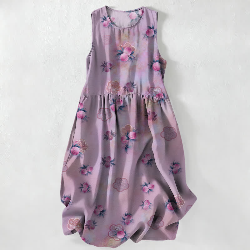 Buddha Stones Summer Casual Pink Floral Leaves Pattern Women's Summer Sleeveless Midi Dress With Pockets - Thistle - US16，UK/AU20，EU48 (3XL) - image 4