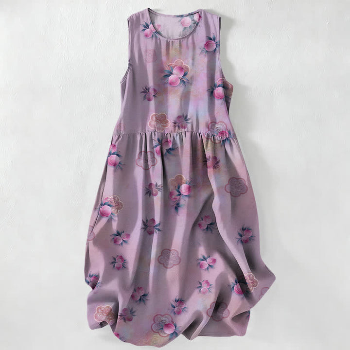 Buddha Stones Summer Casual Pink Floral Leaves Pattern Women's Summer Sleeveless Midi Dress With Pockets - Thistle - US16，UK/AU20，EU48 (3XL) - image 4