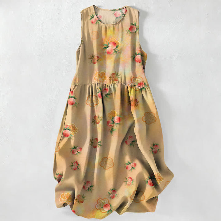 Buddha Stones Summer Casual Pink Floral Leaves Pattern Women's Summer Sleeveless Midi Dress With Pockets - Goldenrod - US16，UK/AU20，EU48 (3XL) - image 5