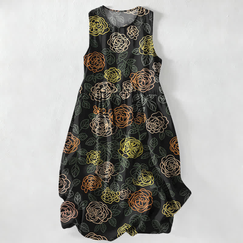Buddha Stones Summer Casual Colorful Floral Sketch Pattern Women's Summer Sleeveless Midi Dress With Pockets - Black - US16，UK/AU20，EU48 (3XL) - image 0