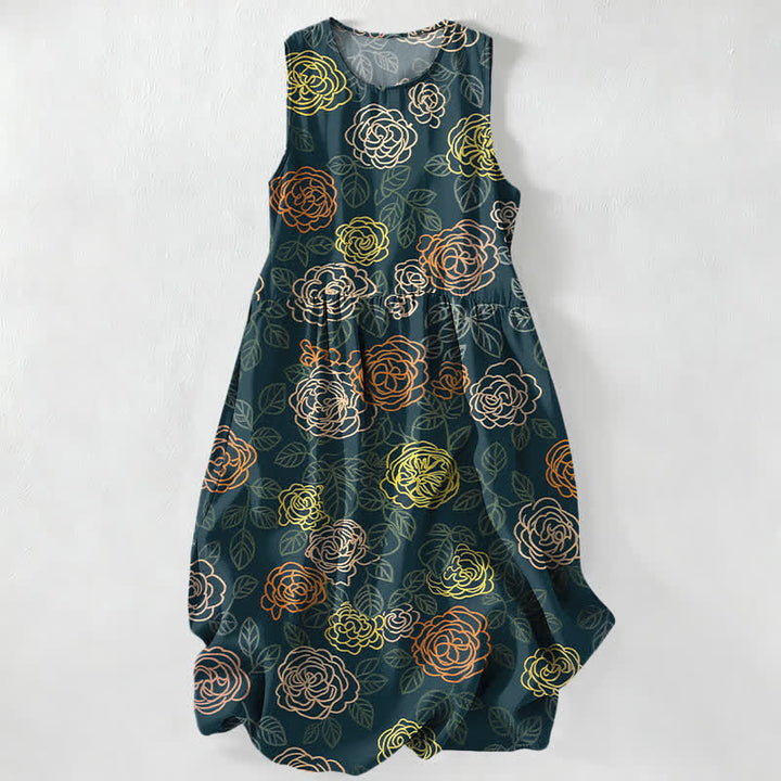 Buddha Stones Summer Casual Colorful Floral Sketch Pattern Women's Summer Sleeveless Midi Dress With Pockets - DarkSlateGray - US16，UK/AU20，EU48 (3XL) - image 4
