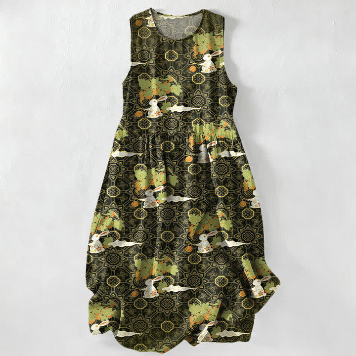 Buddha Stones Summer Casual Vintage Floral Medallions Leaves Pattern Women's Summer Sleeveless Midi Dress With Pockets - DarkOliveGreen - US16，UK/AU20，EU48 (3XL) - image 4