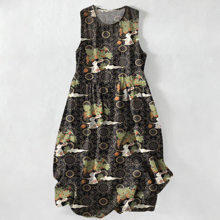 Buddha Stones Summer Casual Vintage Floral Medallions Leaves Pattern Women's Summer Sleeveless Midi Dress With Pockets - Black - US16，UK/AU20，EU48 (3XL) - image 5