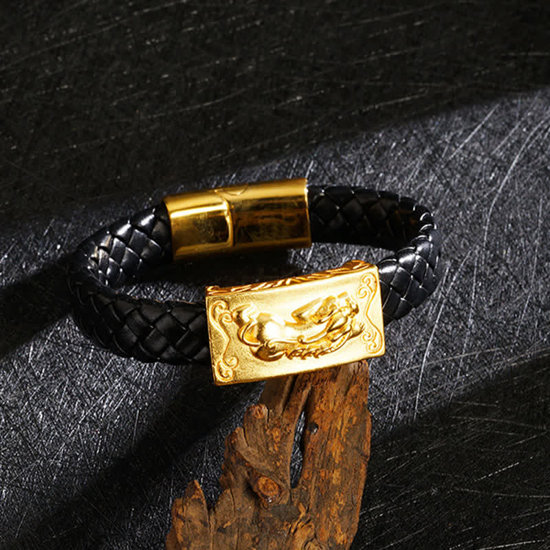 Buddha Stones Braided Leather Pi Xiu Fu Character Wealth Bracelet - Pixiu Plaque - image 0
