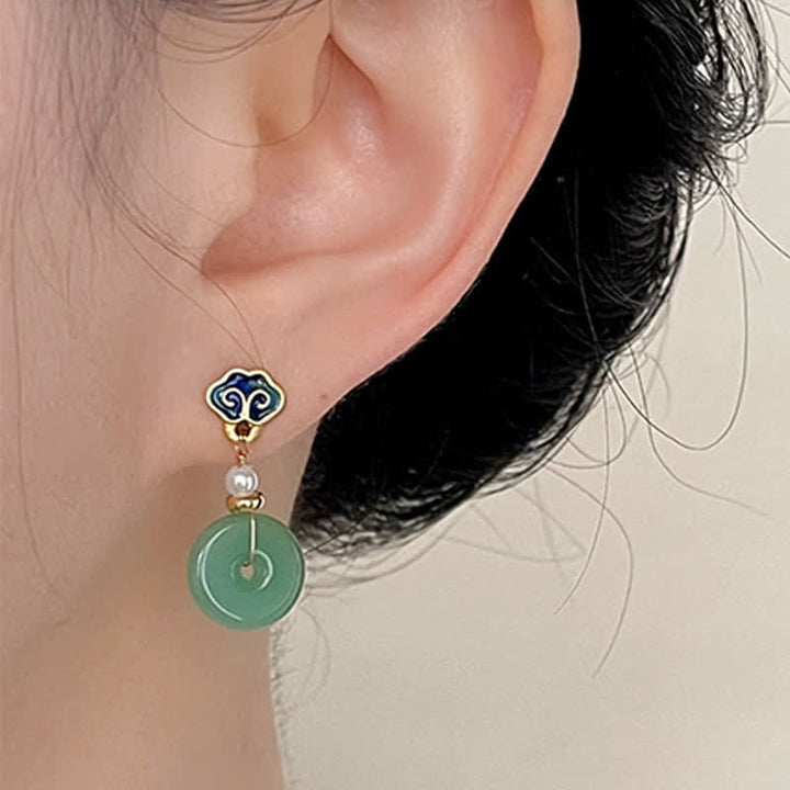 Buddha Stones Green Liuli Round Peace Buckle Fortune Dangle Earrings - image 2