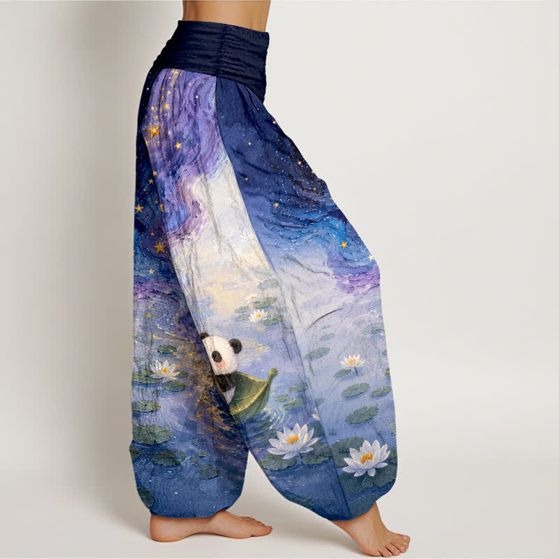 Buddha Stones Pure Cotton Starry Lotus Panda Pattern Women's Elastic Waist Harem Pants - image 2