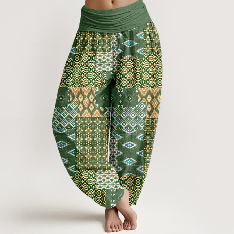 Buddha Stones Pure Cotton Bohemian Geometric Patchwork Pattern Women's Elastic Waist Harem Pants - OliveDrab - US16，UK/AU20，EU48 (3XL) - image 0