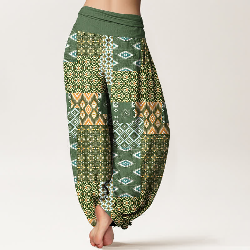 Buddha Stones Pure Cotton Bohemian Geometric Patchwork Pattern Women's Elastic Waist Harem Pants - image 1