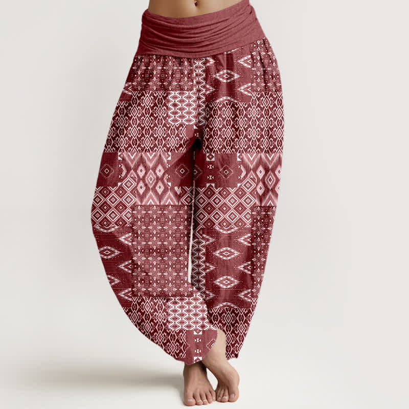 Buddha Stones Pure Cotton Bohemian Geometric Patchwork Pattern Women's Elastic Waist Harem Pants - Maroon - US16，UK/AU20，EU48 (3XL) - image 5