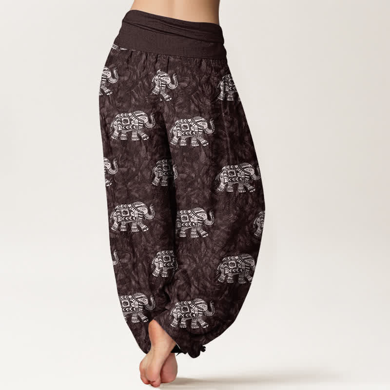 Buddha Stones Pure Cotton White Elephant Pattern Women's Elastic Waist Harem Pants - image 1