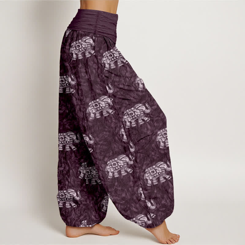 Buddha Stones Pure Cotton White Elephant Pattern Women's Elastic Waist Harem Pants - image 7