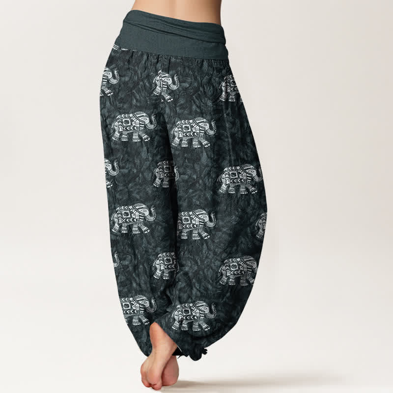 Buddha Stones Pure Cotton White Elephant Pattern Women's Elastic Waist Harem Pants - image 9