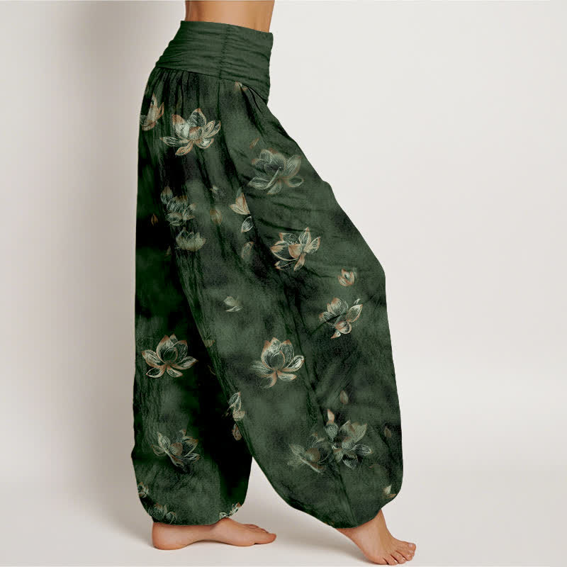 Buddha Stones Pure Cotton Vintage Lotus Floral Pattern Women's Elastic Waist Harem Pants - image 2