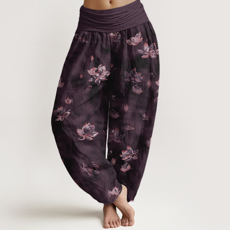 Buddha Stones Pure Cotton Vintage Lotus Floral Pattern Women's Elastic Waist Harem Pants - Purple - US16，UK/AU20，EU48 (3XL) - image 5
