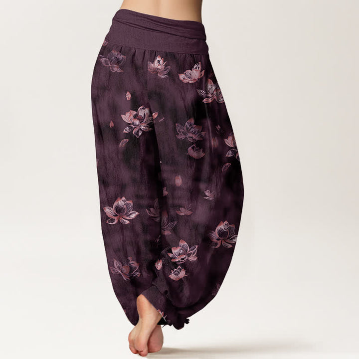 Buddha Stones Pure Cotton Vintage Lotus Floral Pattern Women's Elastic Waist Harem Pants - image 6