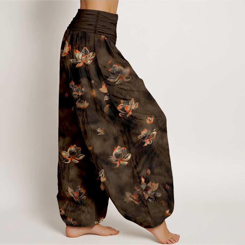 Buddha Stones Pure Cotton Vintage Lotus Floral Pattern Women's Elastic Waist Harem Pants - image 10