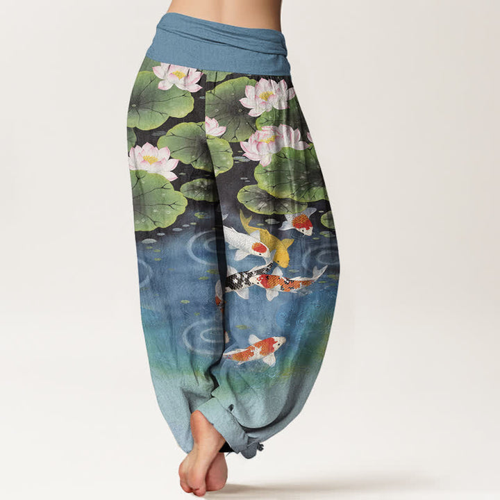 Buddha Stones Cotton Lotus Koi Pond Pattern Women's Elastic Waist Harem Pants - image 6