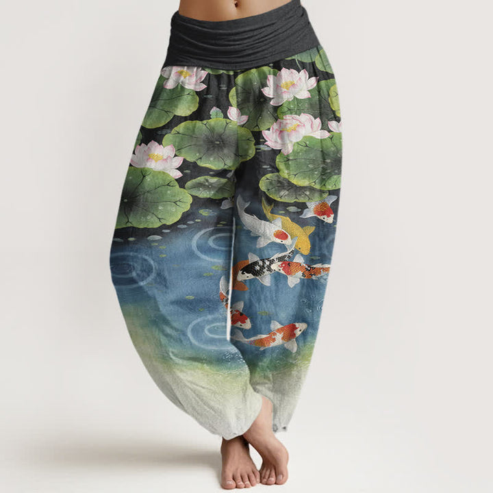 Buddha Stones Cotton Lotus Koi Pond Pattern Women's Elastic Waist Harem Pants - Black - US16，UK/AU20，EU48 (3XL) - image 8