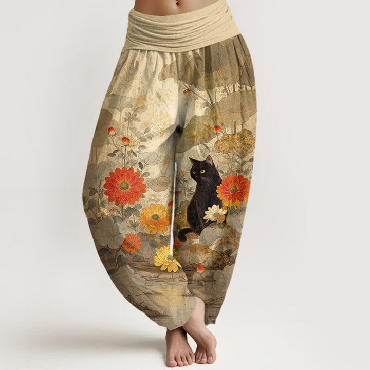 Buddha Stones Pure Cotton Vintage Black Cat Floral Pattern Women's Elastic Waist Harem Pants - Tan - US16，UK/AU20，EU48 (3XL) - image 0