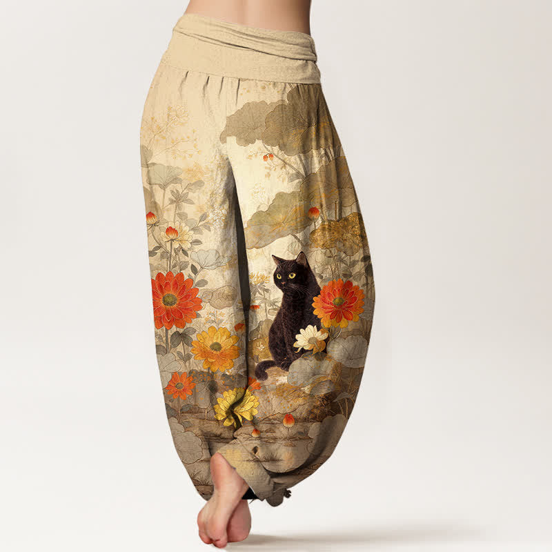 Buddha Stones Pure Cotton Vintage Black Cat Floral Pattern Women's Elastic Waist Harem Pants - image 1