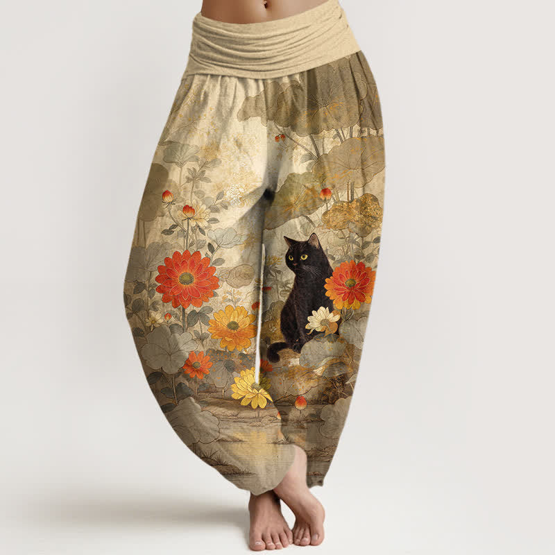Buddha Stones Pure Cotton Vintage Black Cat Floral Pattern Women's Elastic Waist Harem Pants - Tan - US16，UK/AU20，EU48 (3XL) - image 0