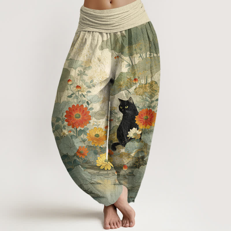 Buddha Stones Pure Cotton Vintage Black Cat Floral Pattern Women's Elastic Waist Harem Pants - DarkSeaGreen - US16，UK/AU20，EU48 (3XL) - image 5