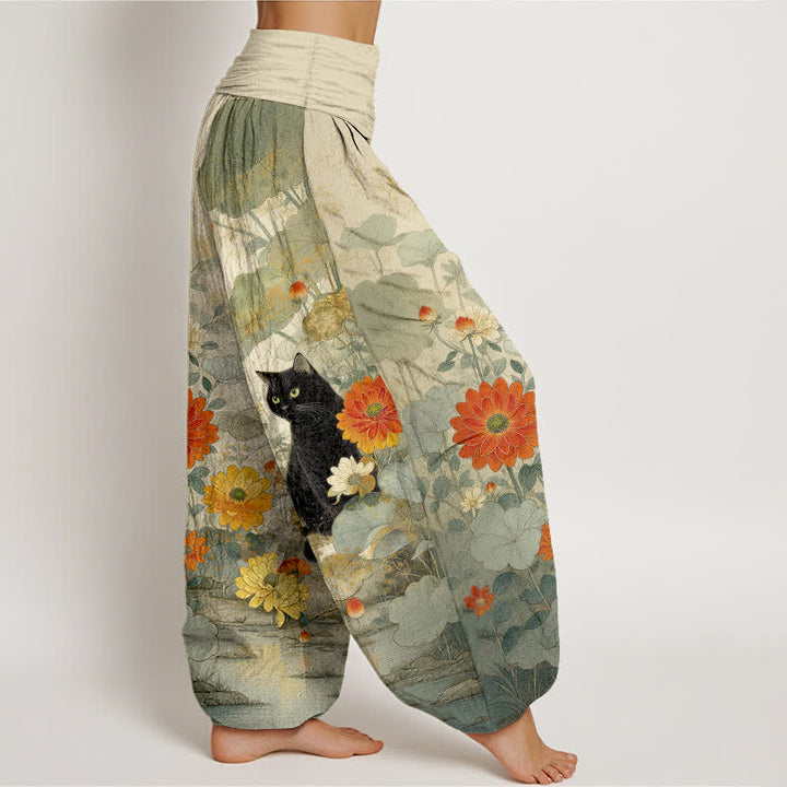 Buddha Stones Pure Cotton Vintage Black Cat Floral Pattern Women's Elastic Waist Harem Pants - image 7