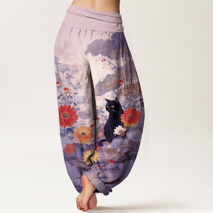 Buddha Stones Pure Cotton Vintage Black Cat Floral Pattern Women's Elastic Waist Harem Pants - image 9