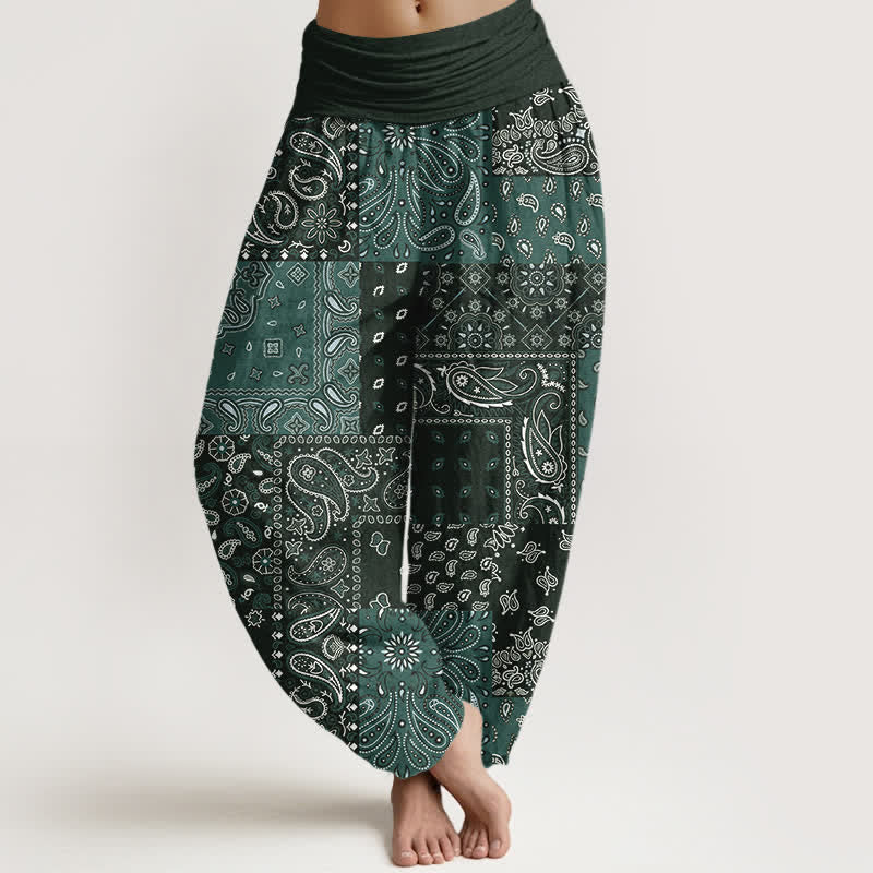 Buddha Stones Pure Cotton Elegant Paisley Pattern Women's Elastic Waist Harem Pants - DarkSlateGray - US16，UK/AU20，EU48 (3XL) - image 5