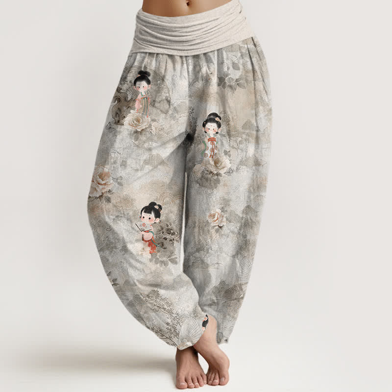 Buddha Stones Pure Cotton Vintage Floral Figure Pattern Women's Elastic Waist Harem Pants - LightGrey - US16，UK/AU20，EU48 (3XL) - image 5