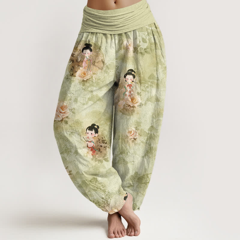 Buddha Stones Pure Cotton Vintage Floral Figure Pattern Women's Elastic Waist Harem Pants - DarkKhaki - US16，UK/AU20，EU48 (3XL) - image 8