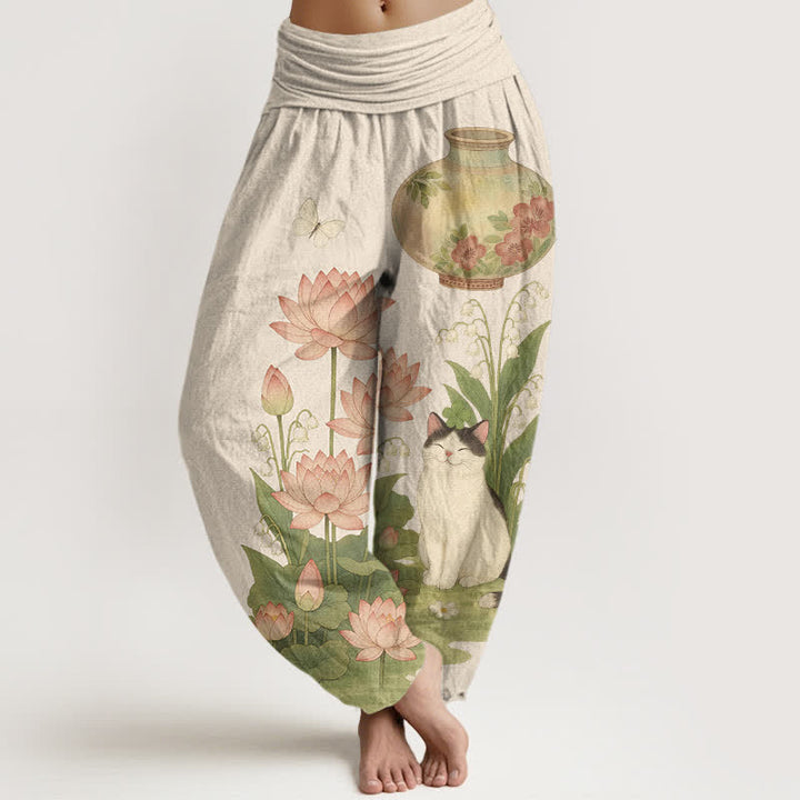 Buddha Stones Pure Cotton Lotus Cat Pattern Women's Elastic Waist Harem Pants - Beige - US16，UK/AU20，EU48 (3XL) - image 0