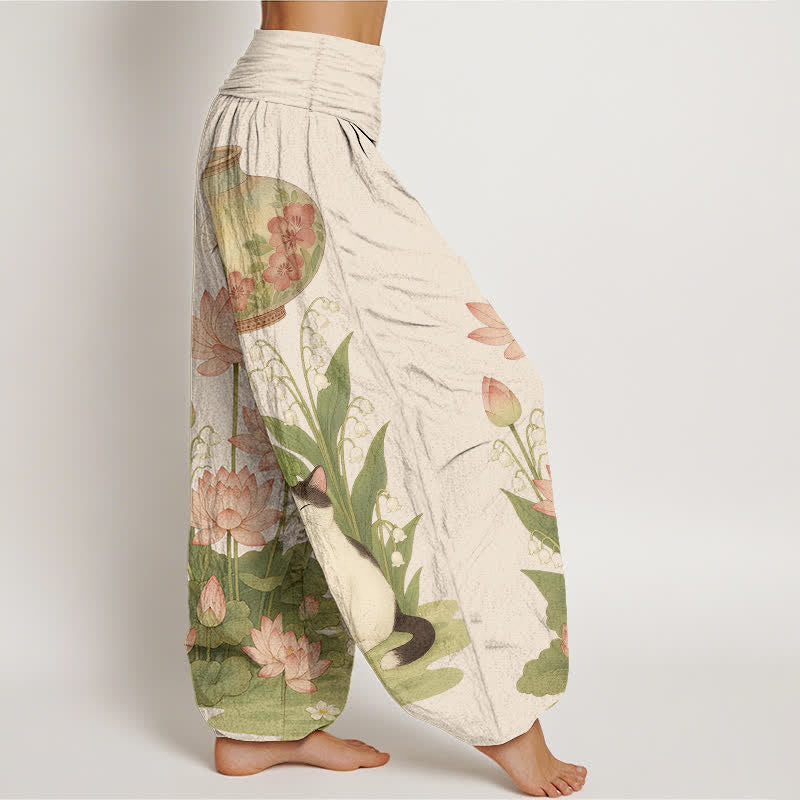 Buddha Stones Pure Cotton Lotus Cat Pattern Women's Elastic Waist Harem Pants - image 2