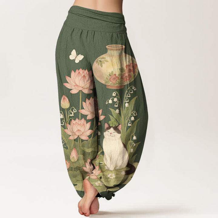 Buddha Stones Pure Cotton Lotus Cat Pattern Women's Elastic Waist Harem Pants - image 6